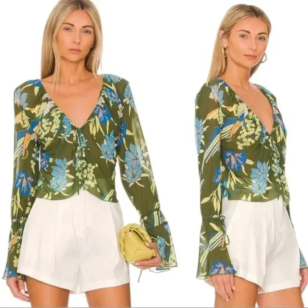 NWT Free People Of Paradise Floral Bell‎ Sleeve Top Size M